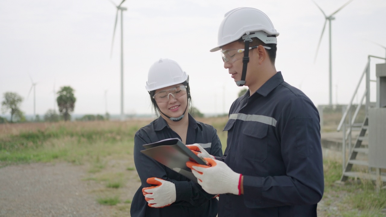 在泰国的风电场，检验工程师准备和检查风力涡轮机的进展。视频素材
