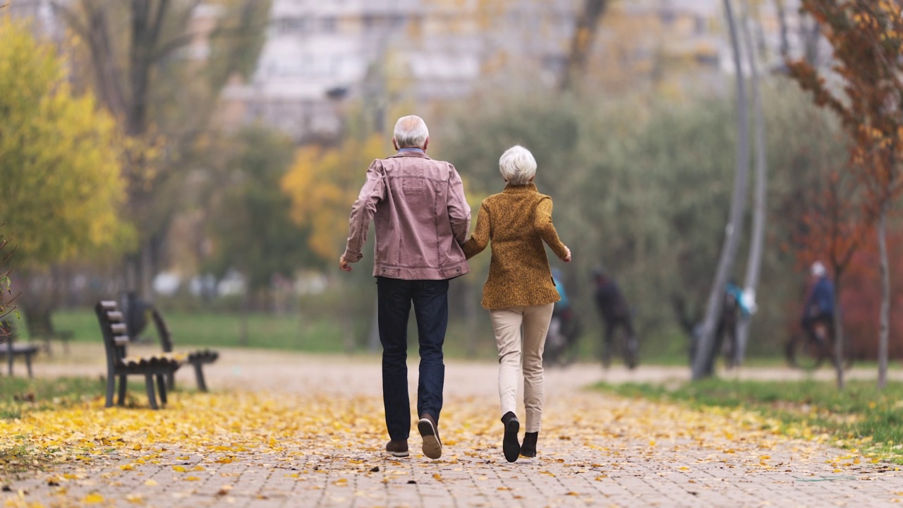 秋日在公园里跑步的拥抱的老夫妇的后视图。视频素材