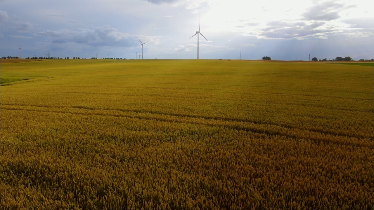 在美丽的多云天空上，农业领域的大型风力涡轮机在惊人的夕阳光线下，为能源生产的风车农场的鸟瞰图视频素材