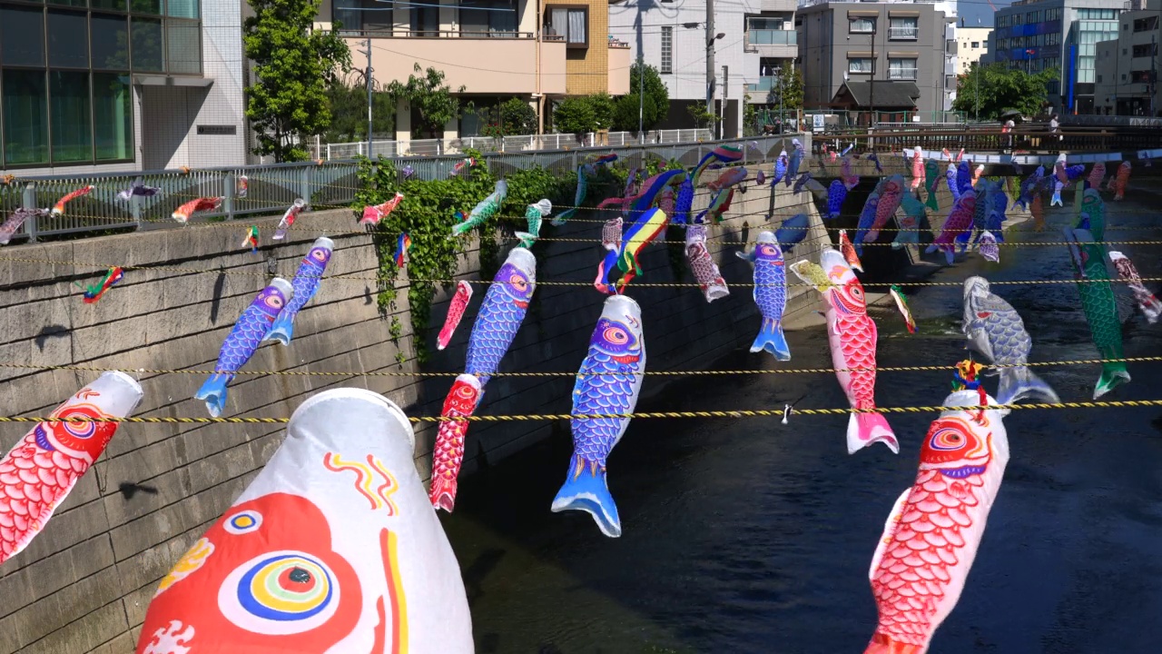在日本东京新宿高田桥的儿童节，小inobori鲤鱼飘带在风中飘过神田河视频素材