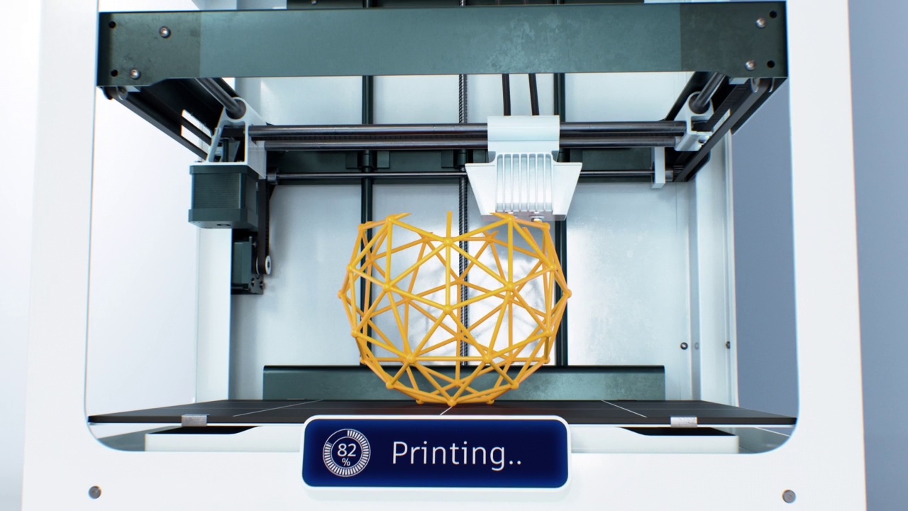 制作体积几何图形的3d打印机。工作过程印刷插图。现代自动化生产技术美丽的3d动画延时工业概念视频下载