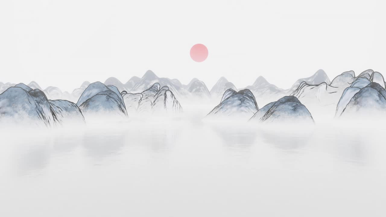 水墨画山景，三维渲染。视频下载