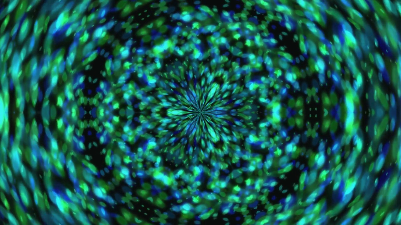 光学错觉的绿色和蓝色圆盘中心万花筒动画视频素材