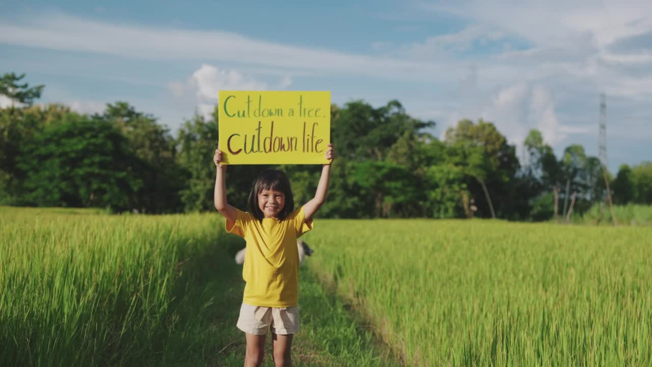 孩子举着写着“砍倒一棵树，砍掉生命”的牌子视频下载