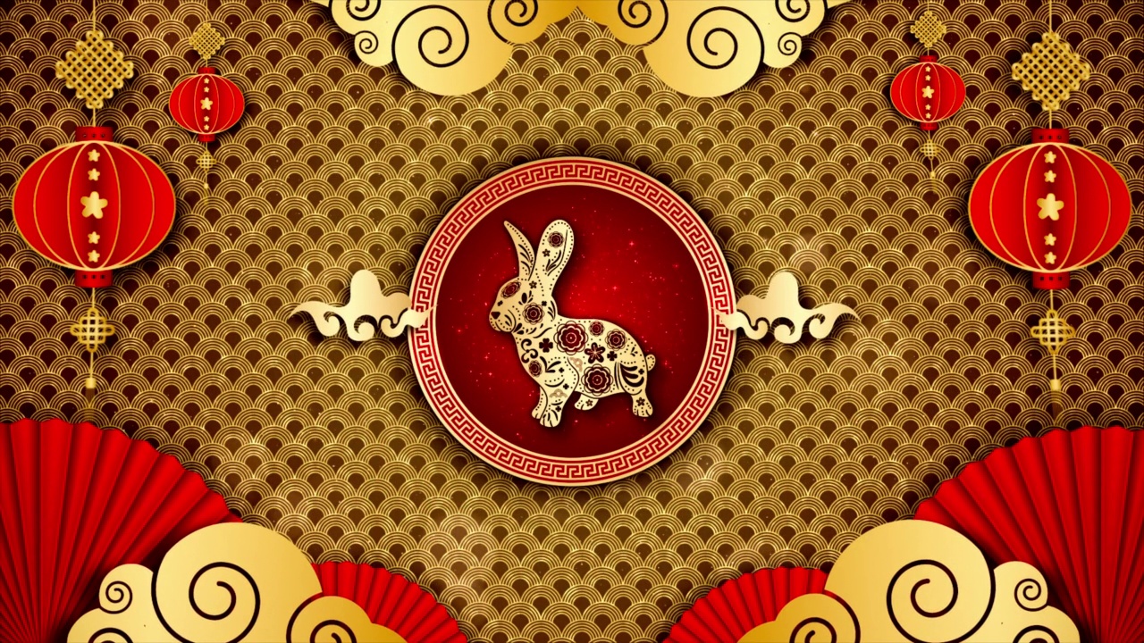 中国新年庆祝背景，中国生肖兔子2023，金色和红色的颗粒为中国装饰经典节日背景。视频下载