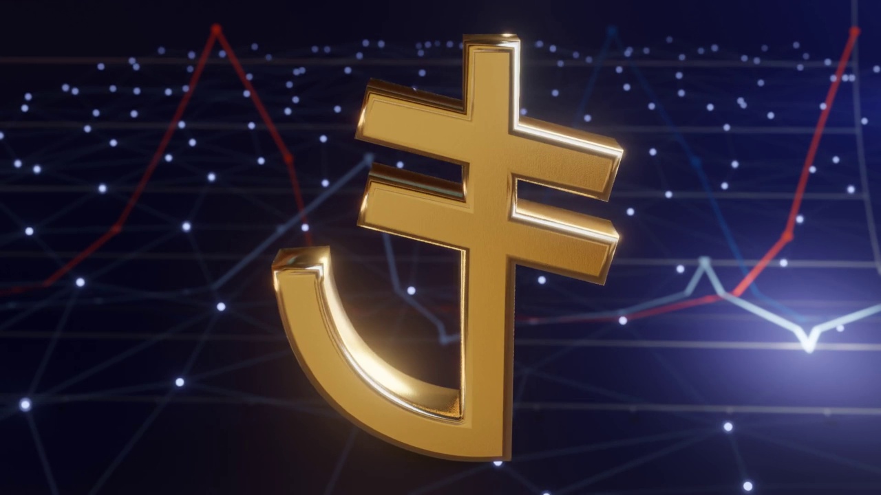 土耳其里拉TL符号在金色动画深蓝色背景..金钱和区块链概念。视频下载