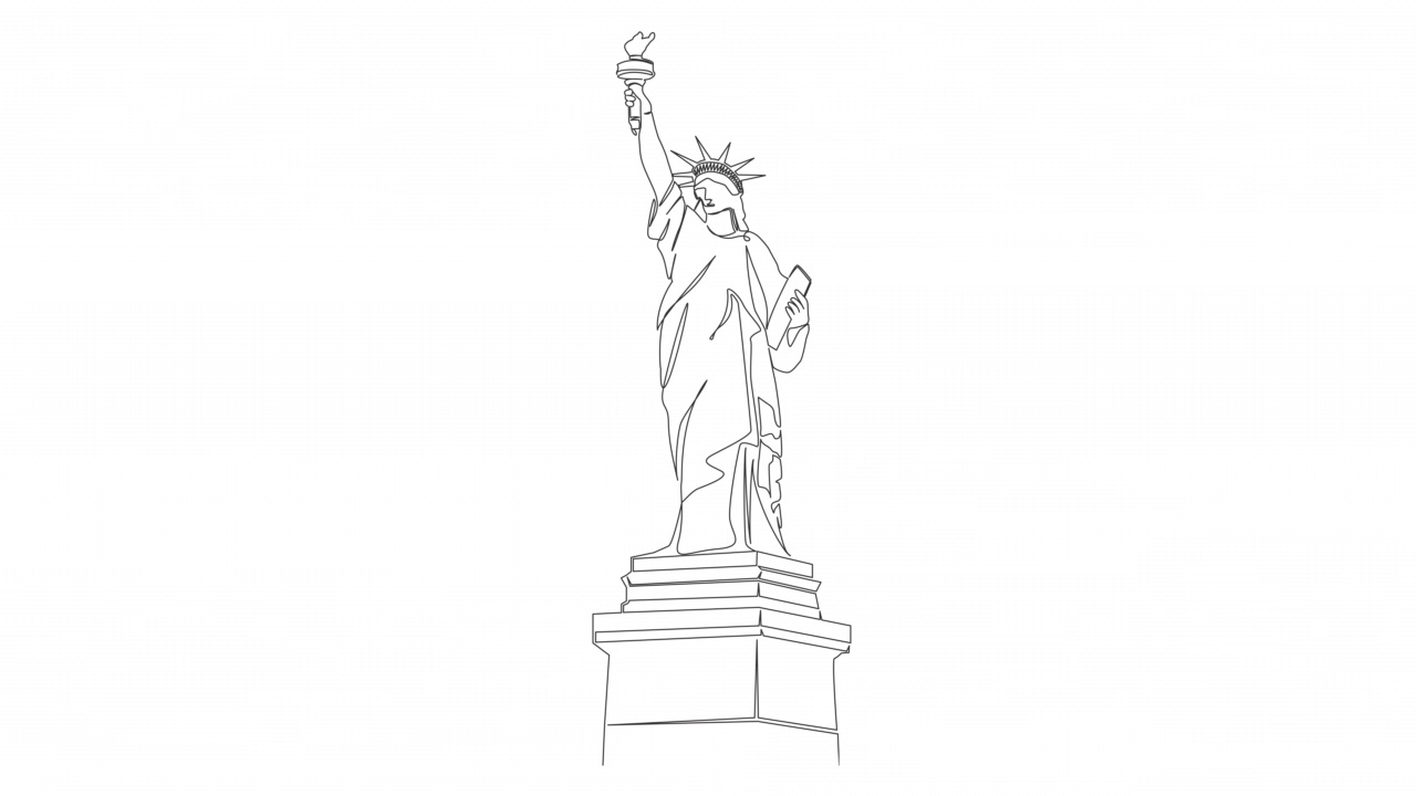 动画单线画的自由女神像孤立在白色视频下载