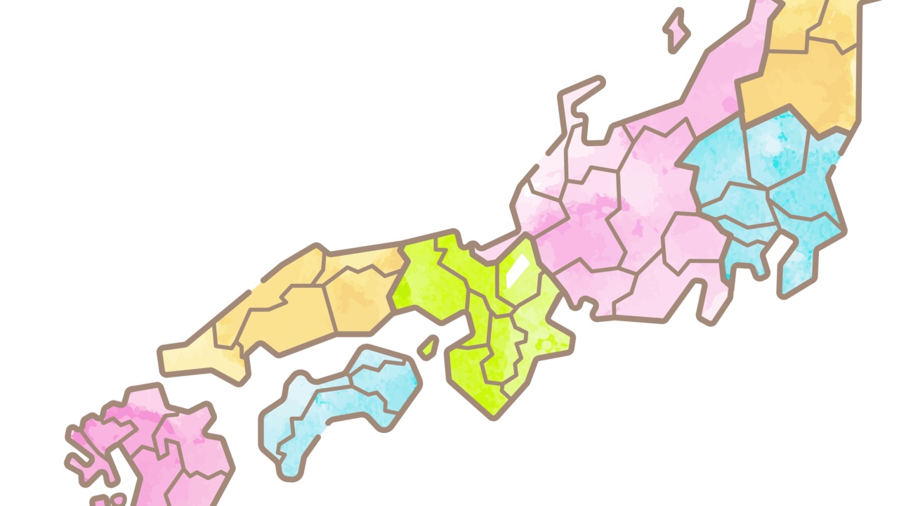 日本水彩画地图，按地区放大。日文翻译:县的名称视频下载