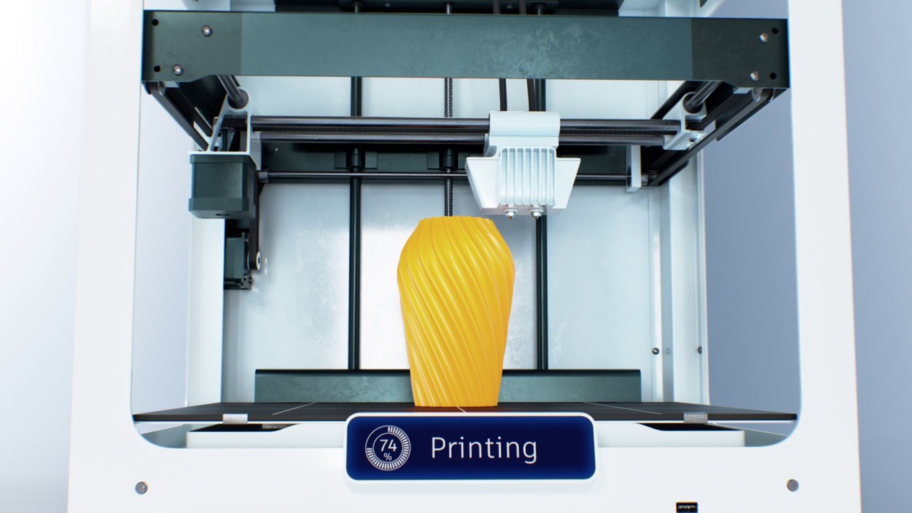 3d打印机机器工作过程。橙色塑料花瓶印刷插图。现代自动制作技术美丽的三维动画延时。工业企业的概念视频下载