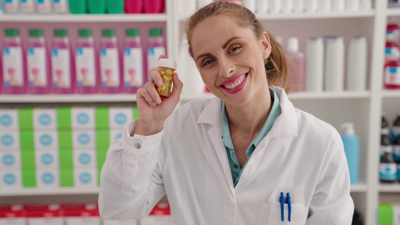 年轻美丽的西班牙女药剂师微笑自信地拿着药瓶视频下载