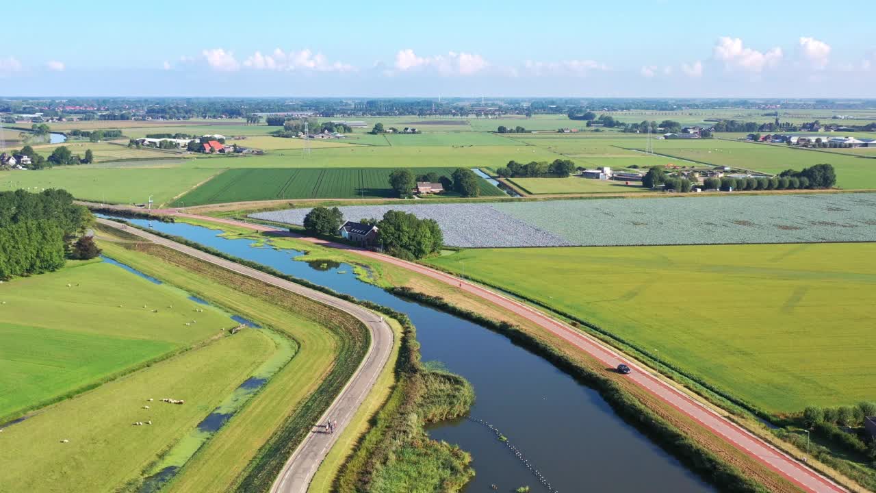 典型的荷兰圩田景观，运河和农场。视频素材