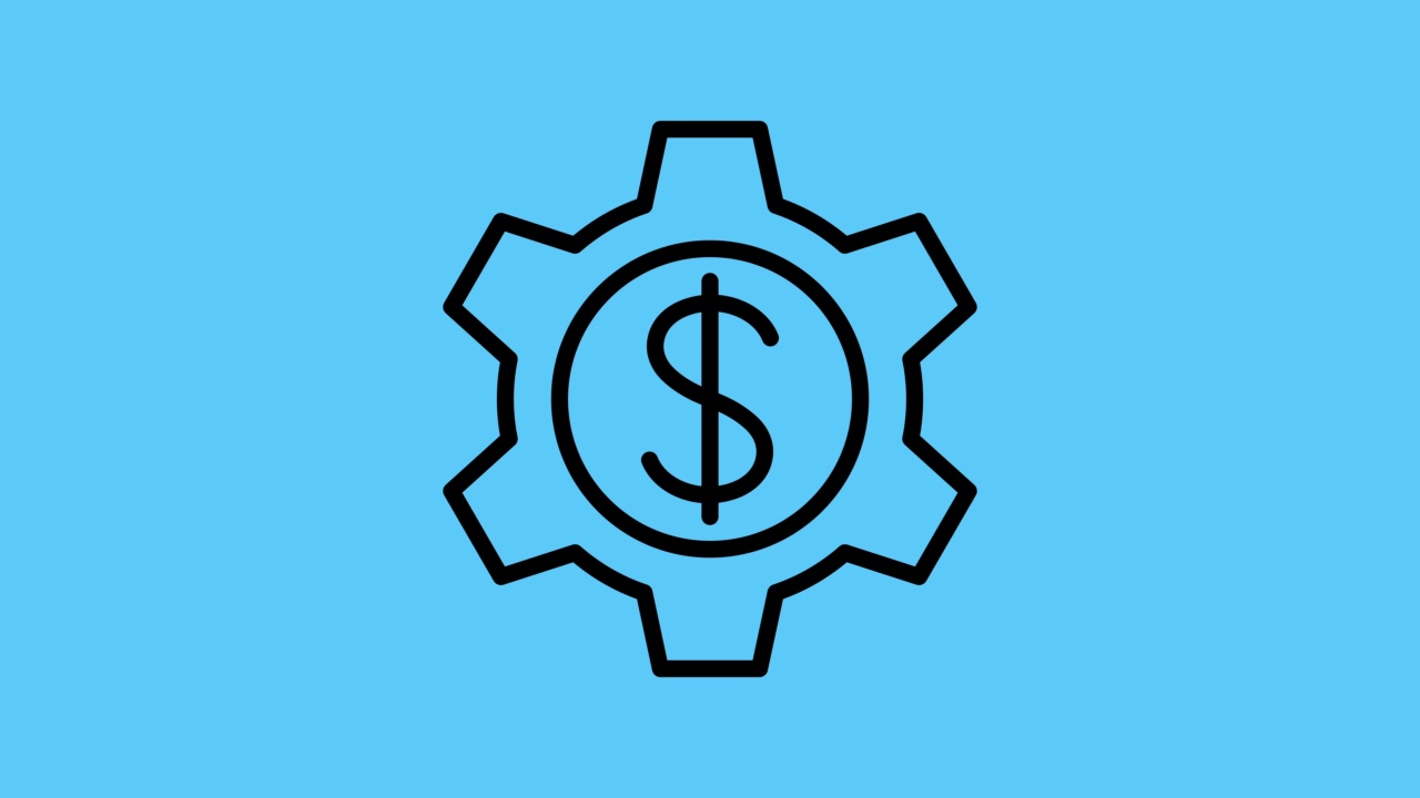 业务齿轮机构。美元标志在蓝色背景。行图标动画。视频素材