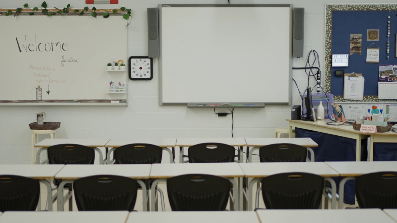 学校教室里的白板和学生课桌椅视频素材