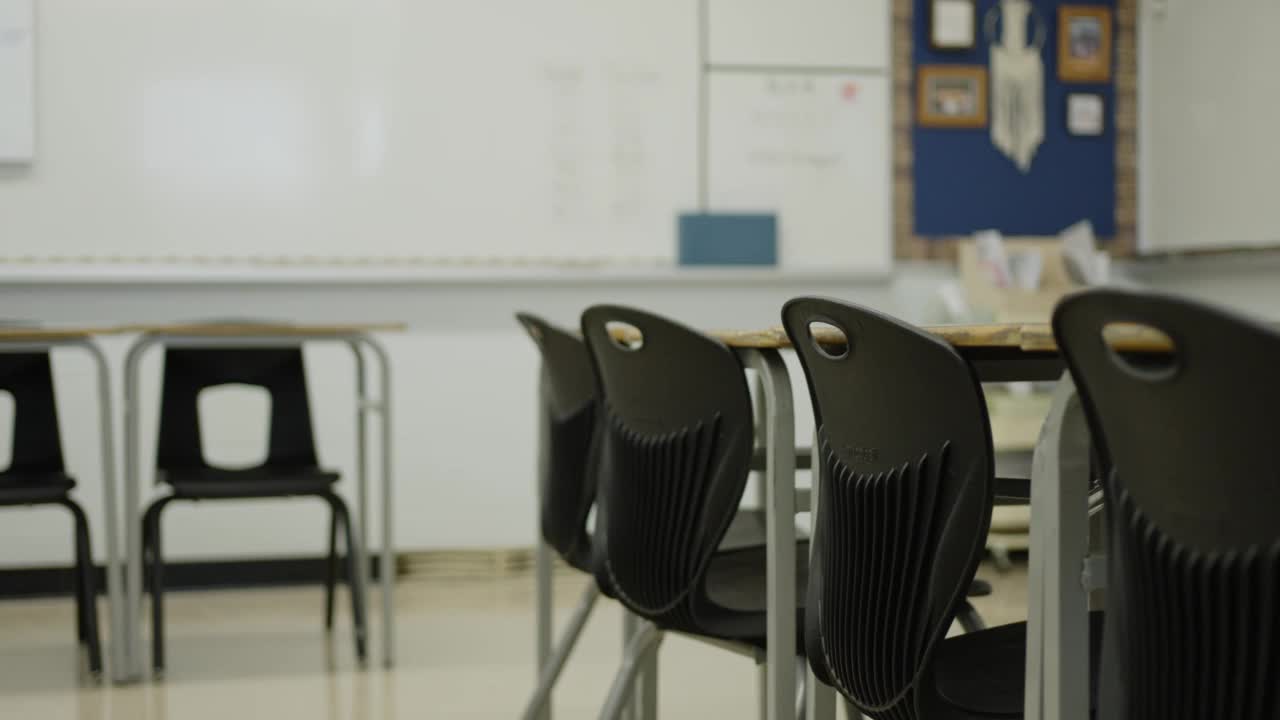 学校教室里的白板和学生课桌椅视频素材