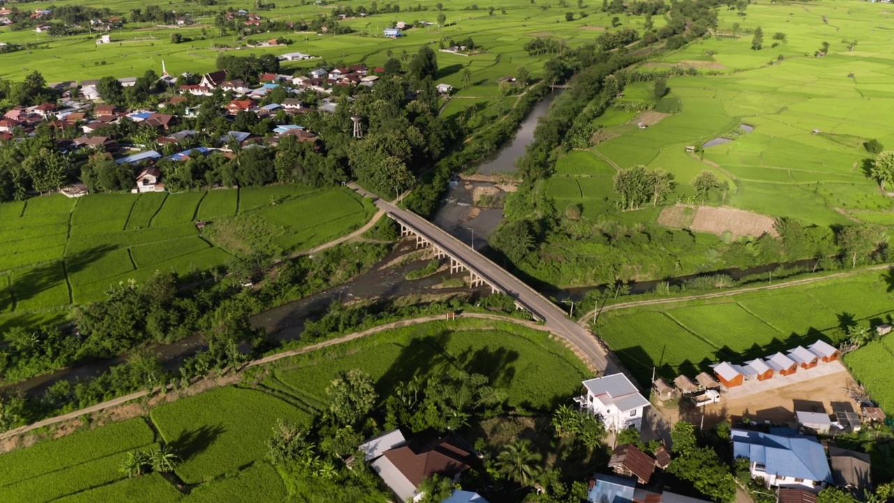 泰国南省Pua村和绿色稻田的鸟瞰图视频下载