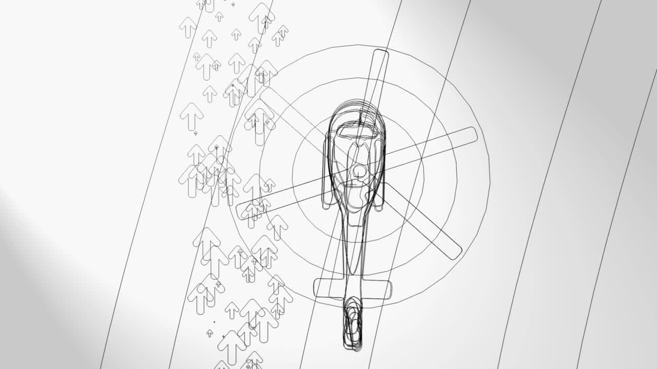 3D动画，一架直升机在灰色背景的箭头上方飞行(线条艺术)视频下载