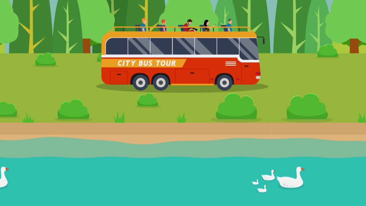 城市巴士游靠近湖边，有森林背景视频素材