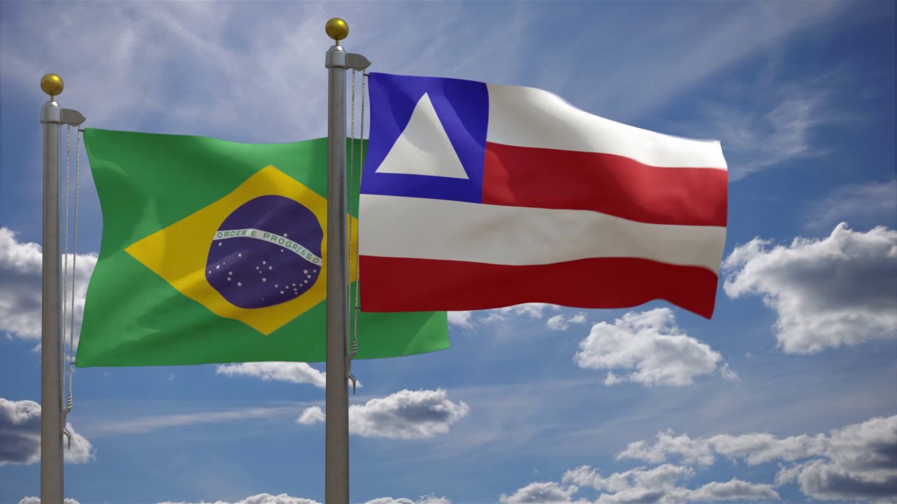 巴西国旗与巴伊亚州国旗在一杆，3D渲染，两面旗帜视频下载