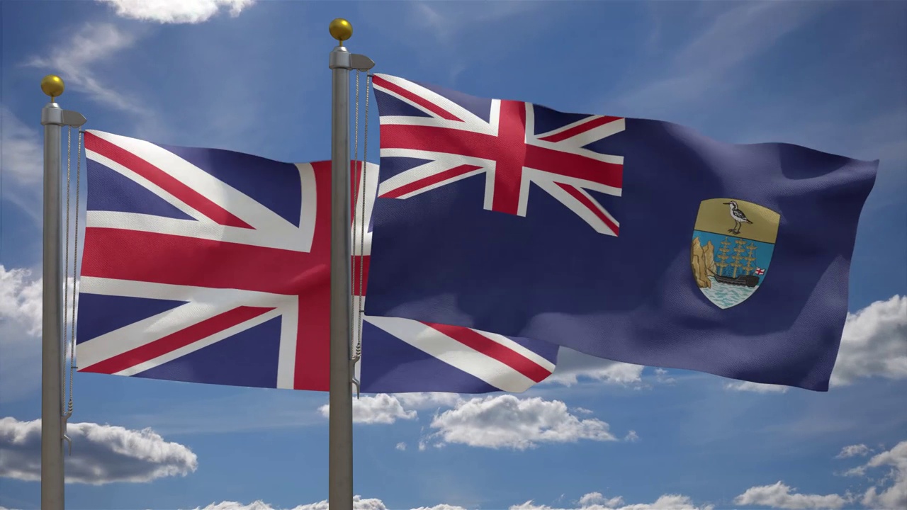 英国国旗与圣赫勒拿岛国旗在一杆，3D渲染，两个旗帜视频下载