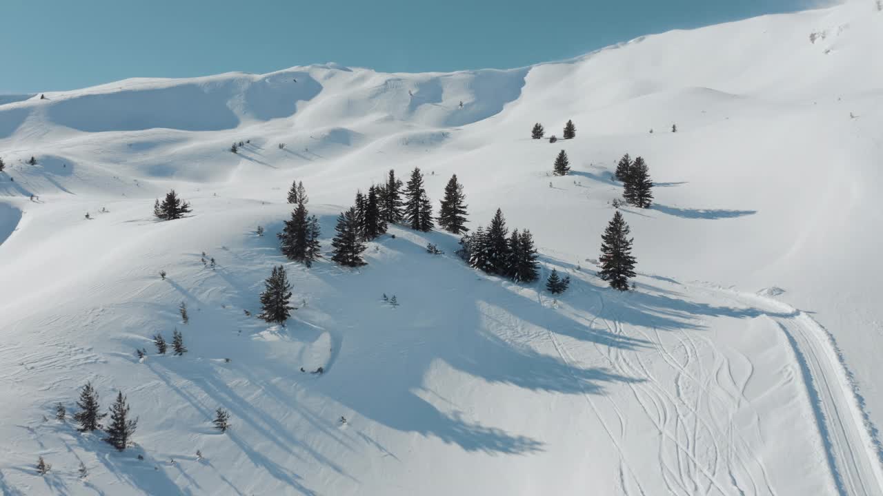 鸟瞰图雪猫拉架与雪犁运输自由式滑雪者，滑雪板在高海拔的山顶在一个阳光明媚的冬日。开车穿过滑雪场的深雪道，带着新鲜的粉。重型机械山地设备。视频素材