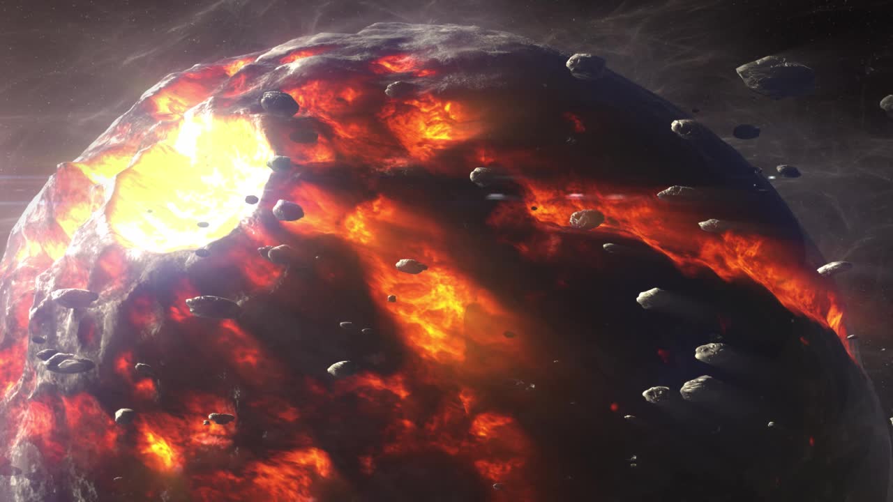 有炽热熔岩岩浆和小行星的死亡星球，深太空视频下载