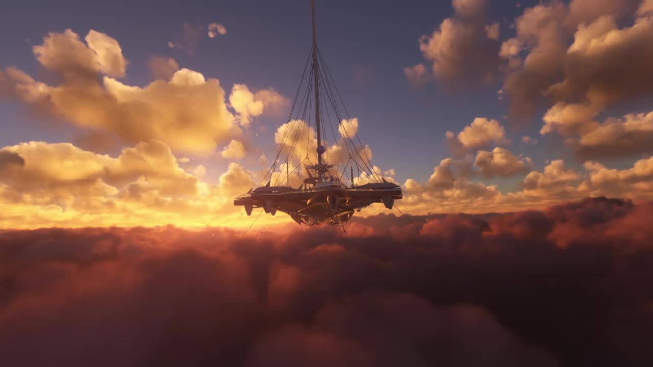 日落时分的未来之城。空中拍摄的科幻城市的云层视频下载