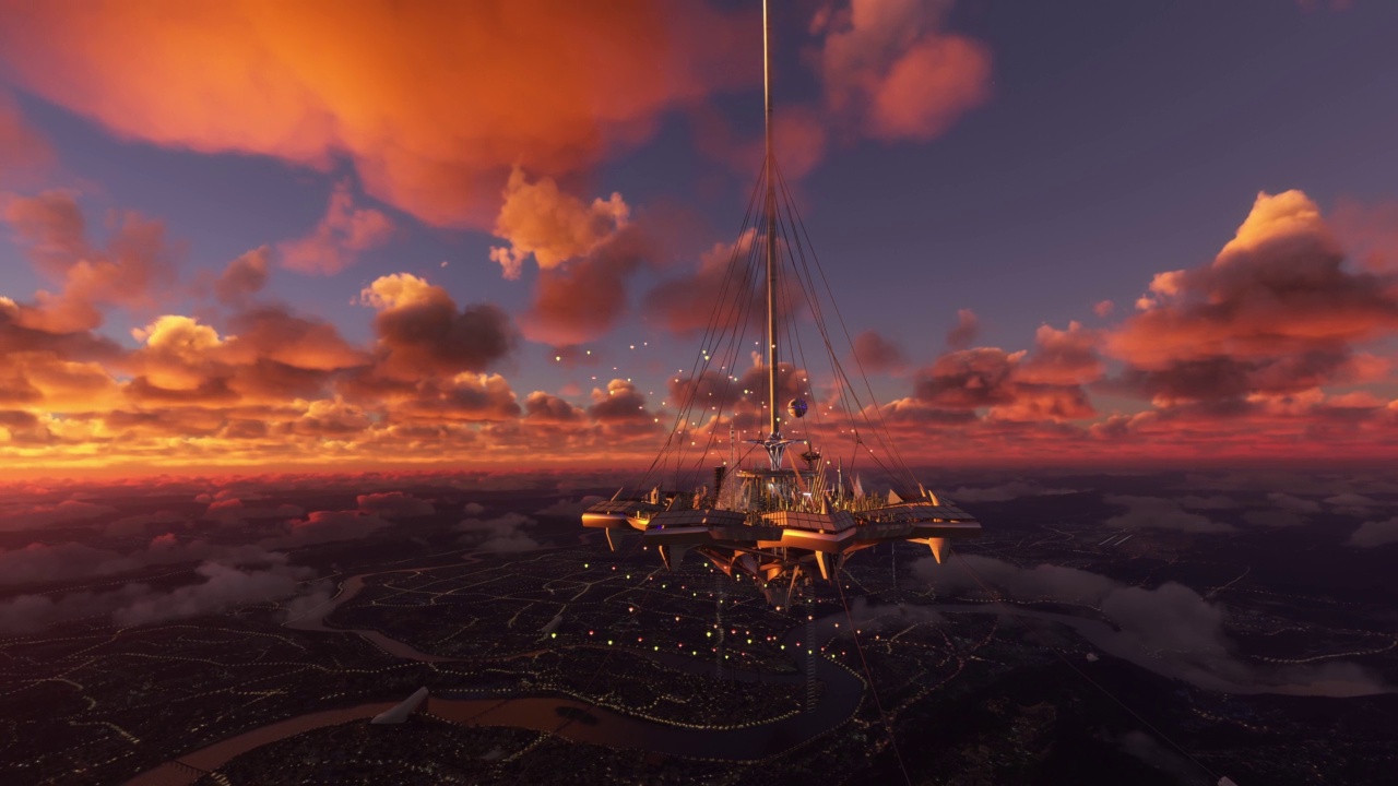 日落时分的未来之城。科幻城市上空的圆形航拍视频下载