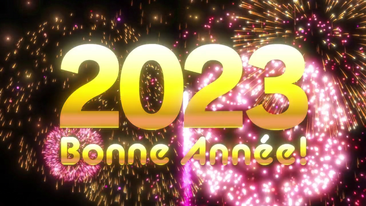 法语是“2023年新年快乐”。背景是烟火。庆祝新年的视频。视频下载