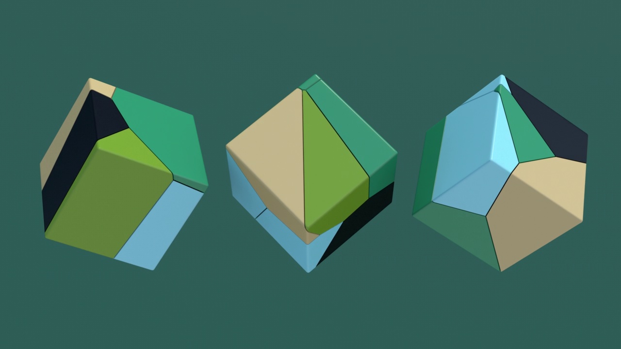 三个彩色立方体旋转，表面有纹理。抽象动画，3d渲染。视频素材