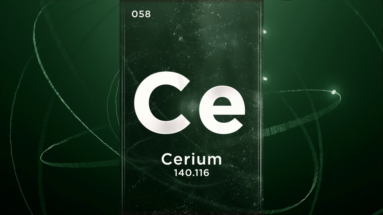 铈(Ce)符号化学元素周期表，三维动画上的原子设计背景视频素材