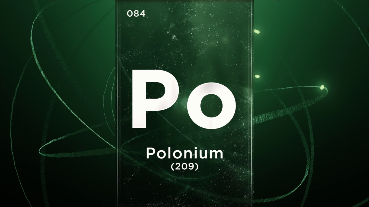 元素周期表中的钋(Po)符号化学元素，原子设计背景上的3D动画视频下载