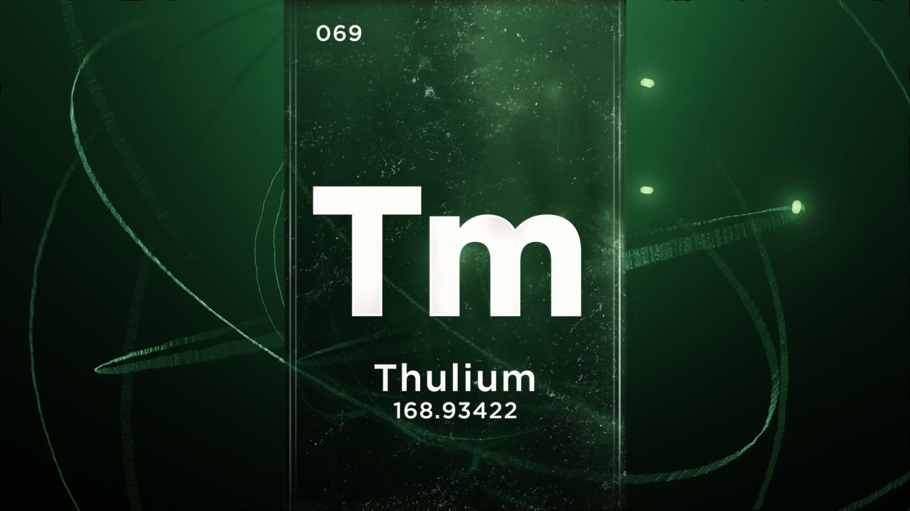 铥(Tm)符号化学元素周期表，三维动画上的原子设计背景视频下载
