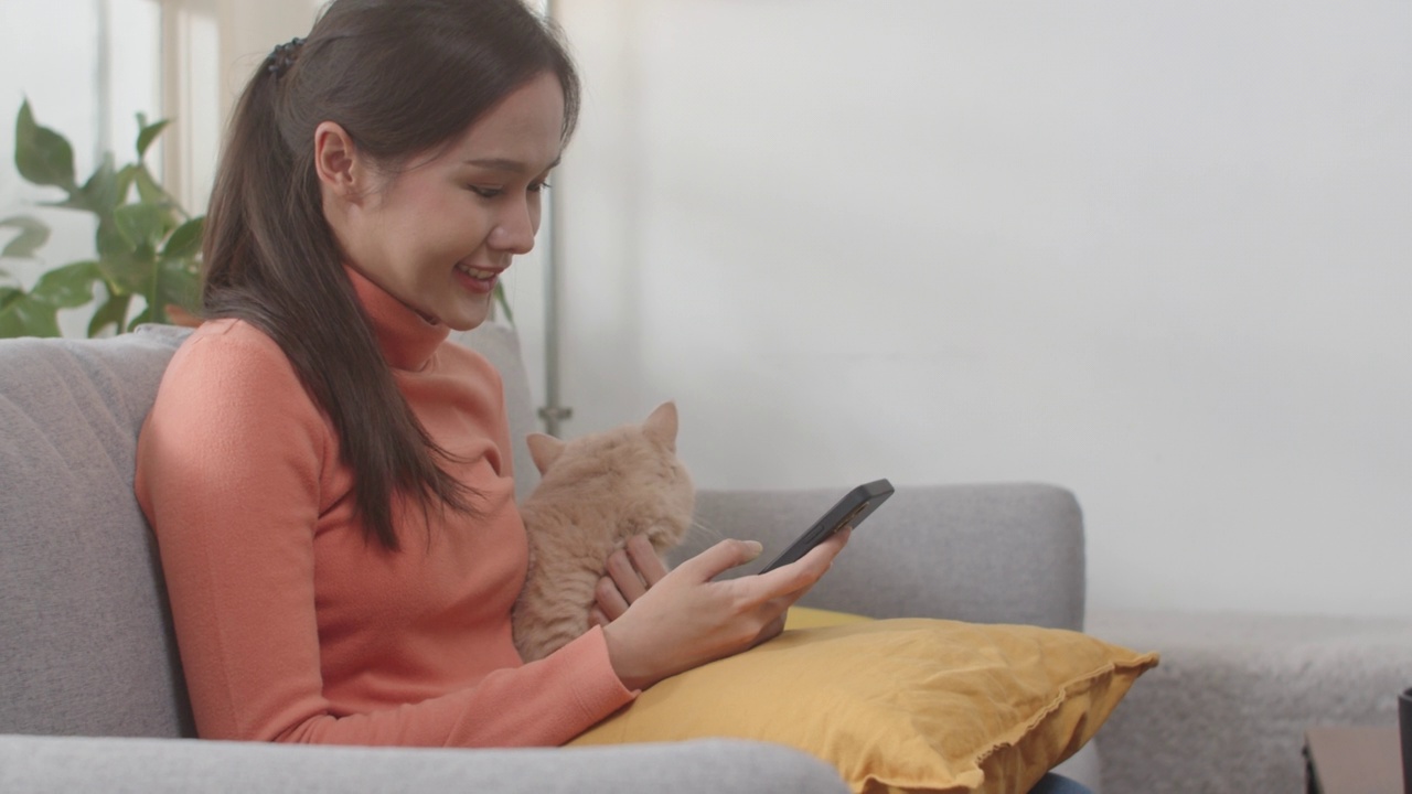 迷人的年轻亚洲女子坐在沙发上和她的猫玩智能手机。视频素材
