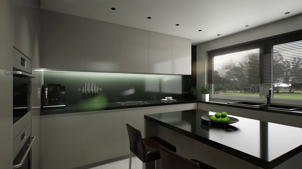 3d渲染的厨房。极简风格的灰色厨房动画。带背光和岛屿的黑色围裙。视频下载