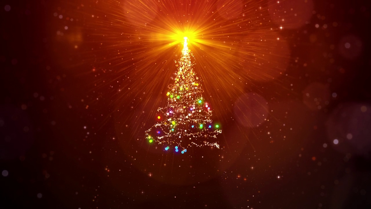 金色圣诞树上有魔术灯，红色背景上的粒子和星星视频下载
