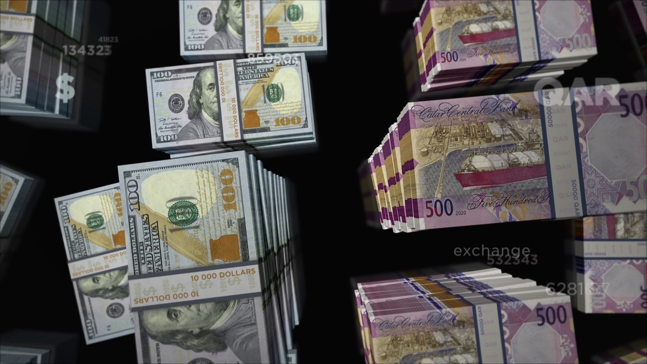 美元和卡塔尔里亚尔货币兑换循环动画视频下载