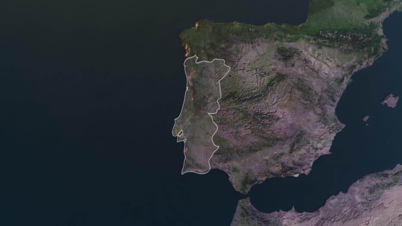葡萄牙地图，通过4K照片真实动画地球仪放大到空间，包括亚洲，非洲和欧洲的全景。史诗旋转世界动画，现实星球地球，亮点，卫星，空中，视频下载