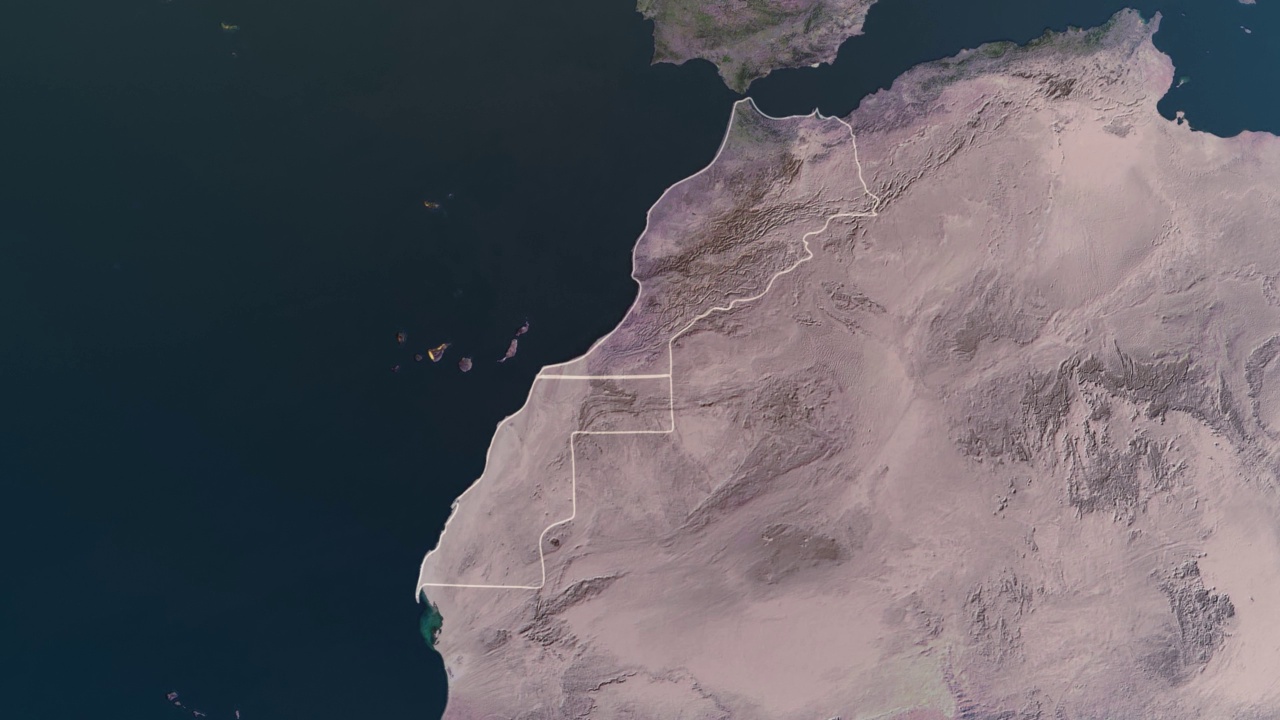西撒哈拉-摩洛哥地图，通过4K照片真实动画地球仪放大到太空中，包括非洲、西亚和欧洲的全景。史诗旋转世界动画，现实星球地球，亮点，卫星，空中，视频下载
