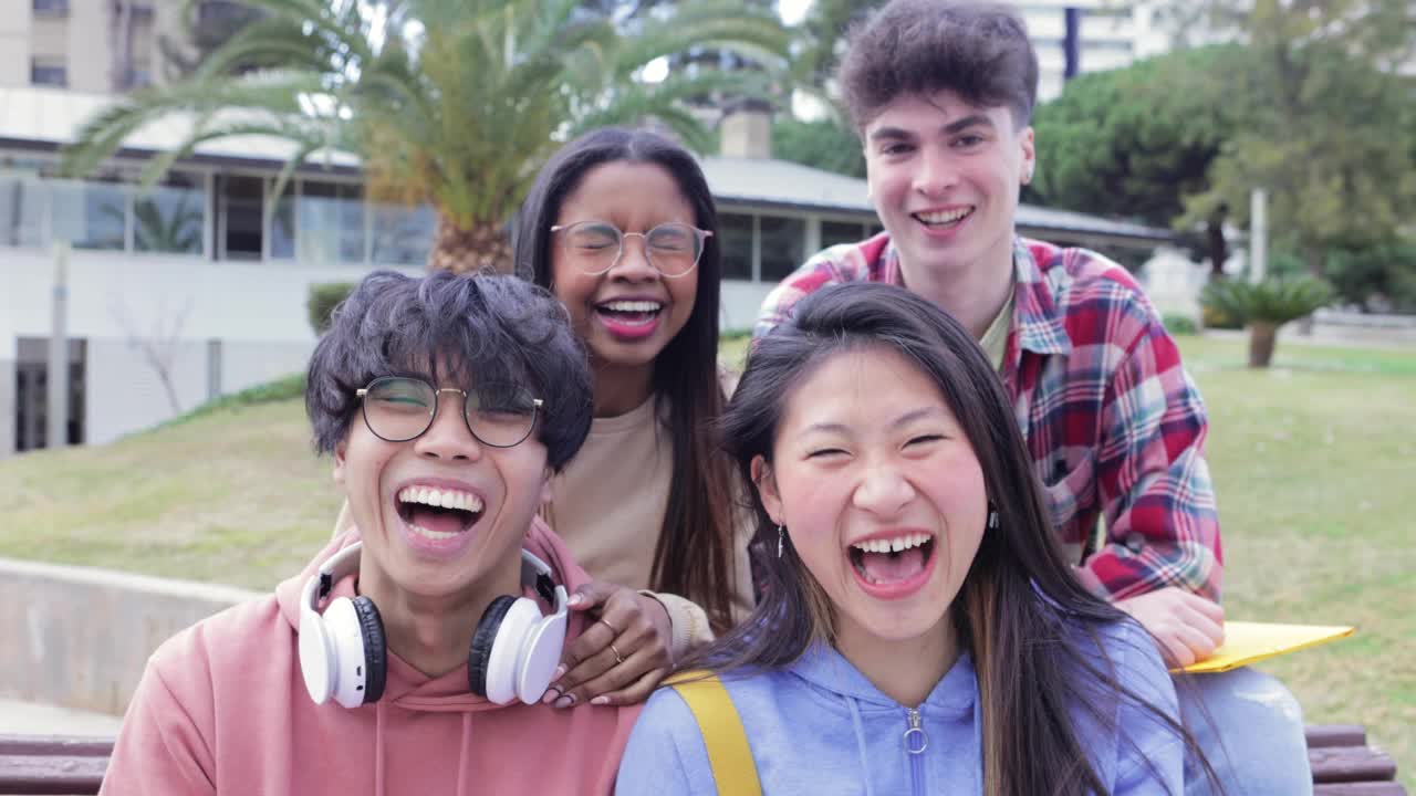 一群坐在户外对着镜头微笑的学生朋友视频下载