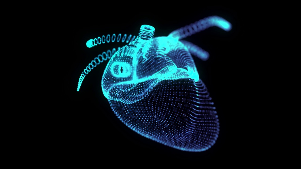 人体心脏360度旋转全息图。发光的蓝光粒子点的人体心脏模型。在3d虚拟空间中动画的无缝循环运动视频下载