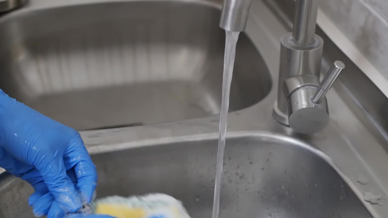 用海绵和水槽里水龙头的流水用洗涤泡沫给牙科器械消毒的过程。牙科器械的灭菌阶段视频素材