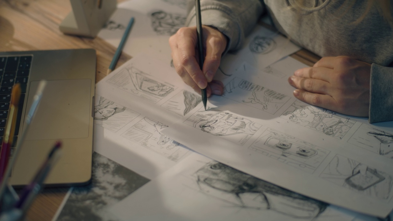 一个女人的手在家庭办公室的故事板上画铅笔素描作品视频下载