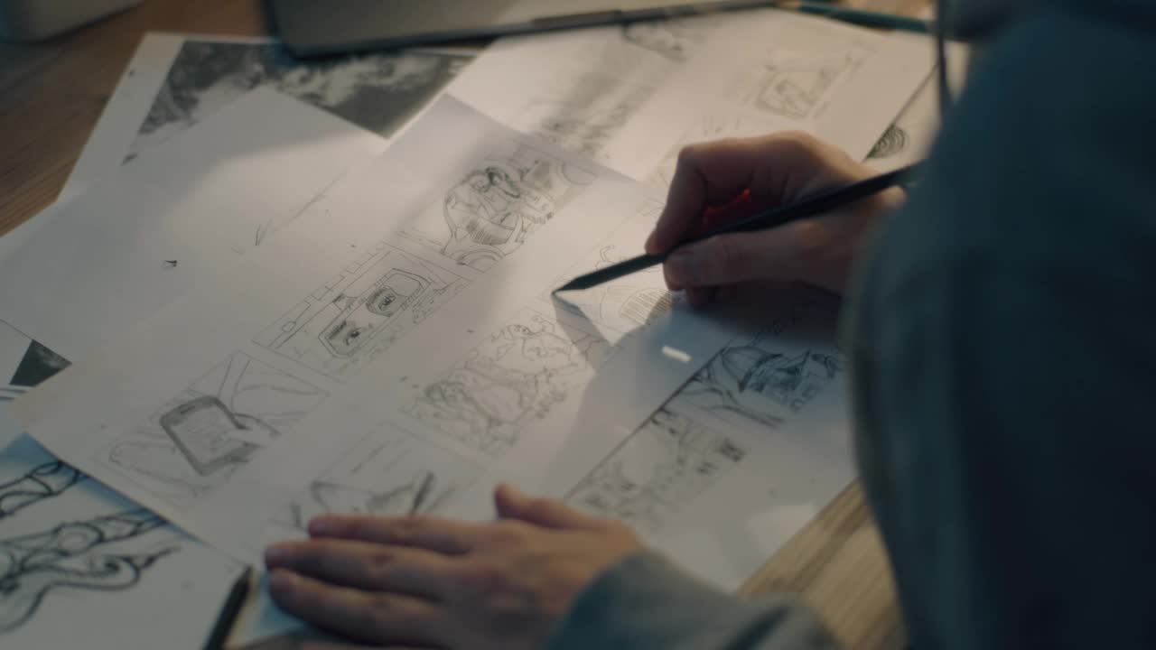 女动画师在故事板上创作铅笔素描作品的创作艺术作品视频下载