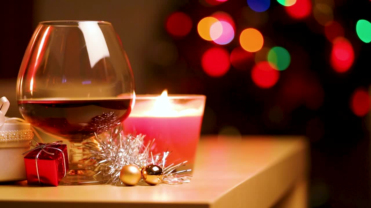 圣诞礼物白兰地杯和燃烧的蜡烛视频下载