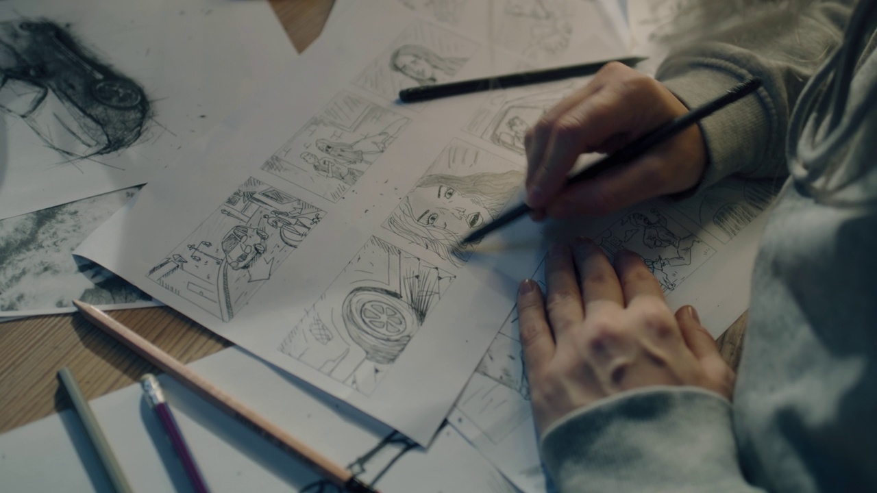 年轻的女艺术家在纸上画漫画人物的草图视频下载