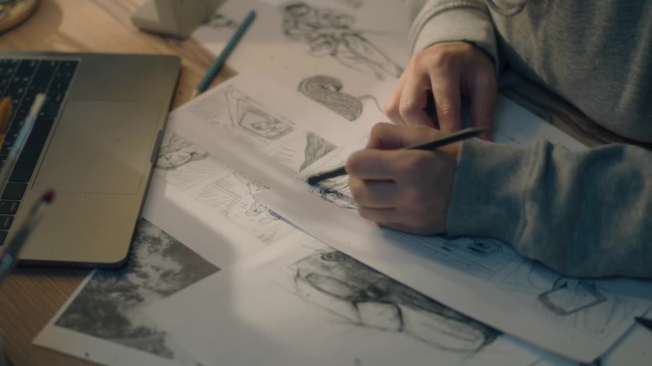 一个女人的手在家庭办公室的故事板上画铅笔素描作品视频下载