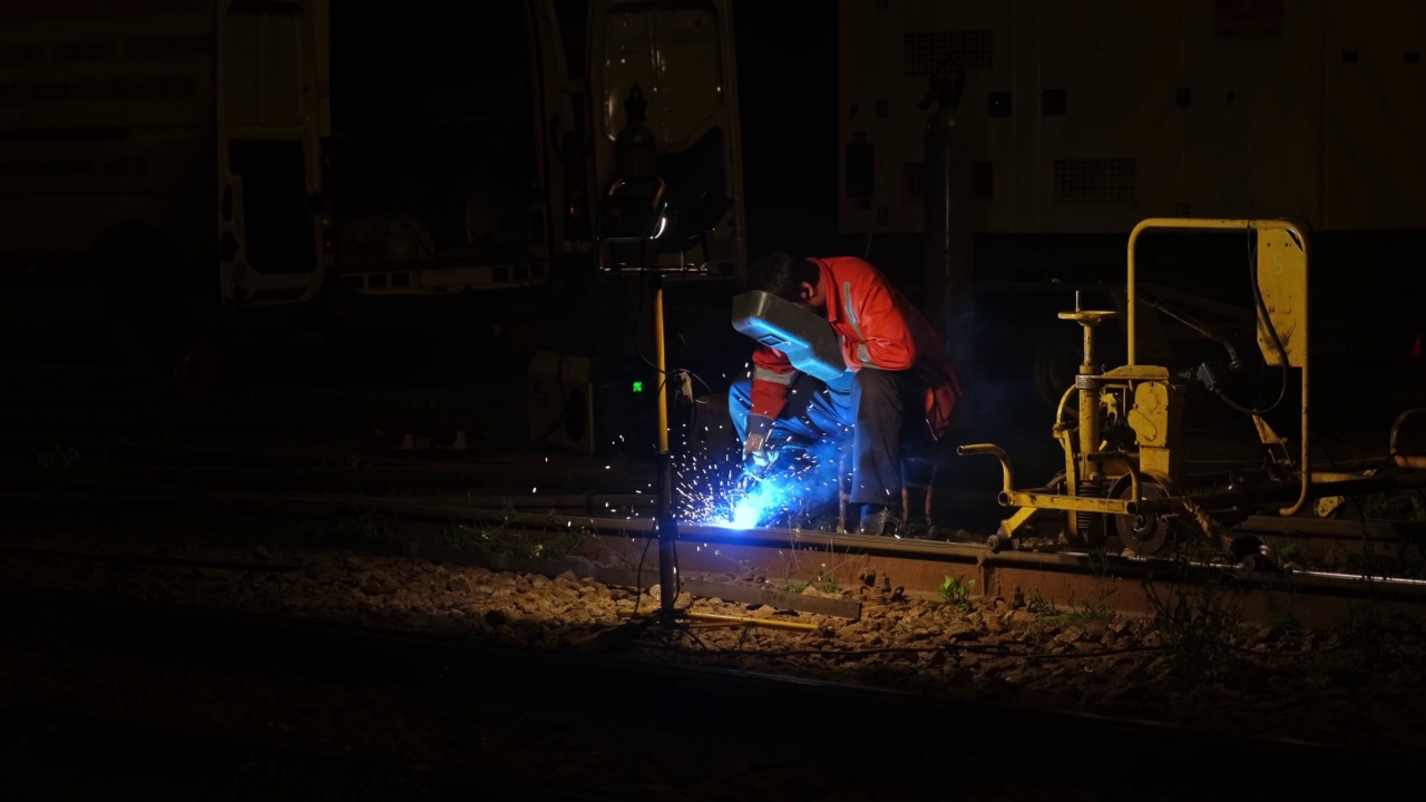 专业焊工夜间使用氧燃料焊枪固定有轨电车轨道视频下载