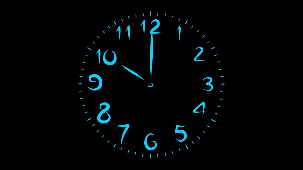 时钟的指针快速旋转，圆形的表盘，用不同粗细的蓝线画出，环形旋转。视频下载