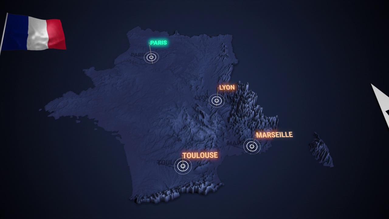 放大到法国的3d地图之夜视频素材