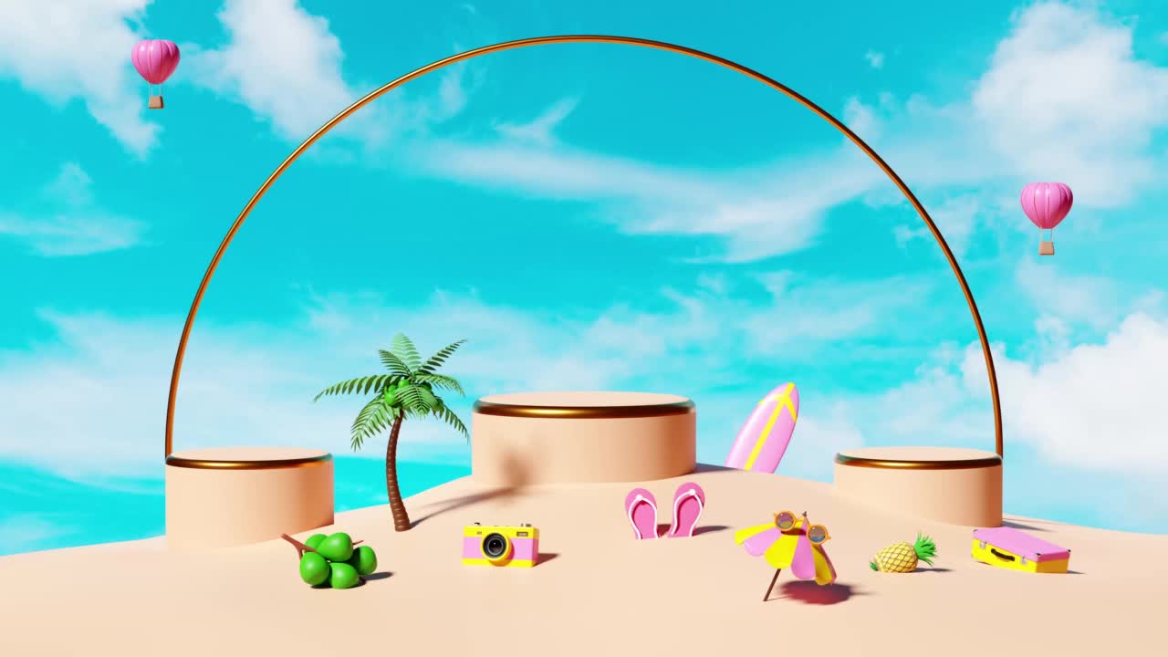 3d动画，圆柱舞台讲台空与冲浪板，海滩，棕榈树，椰子树，岛屿，相机，雨伞，手提箱，凉鞋孤立在蓝天上。购物夏大甩卖概念视频下载
